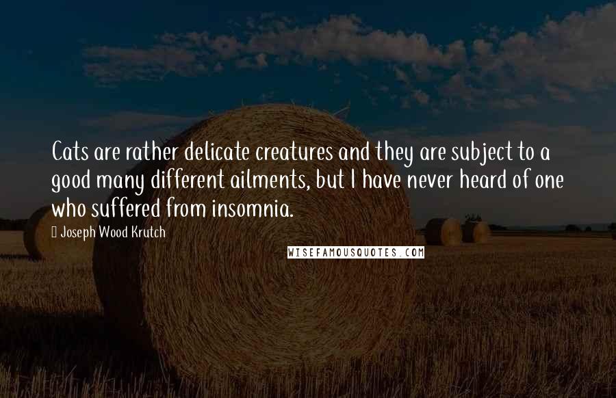 Joseph Wood Krutch Quotes: Cats are rather delicate creatures and they are subject to a good many different ailments, but I have never heard of one who suffered from insomnia.