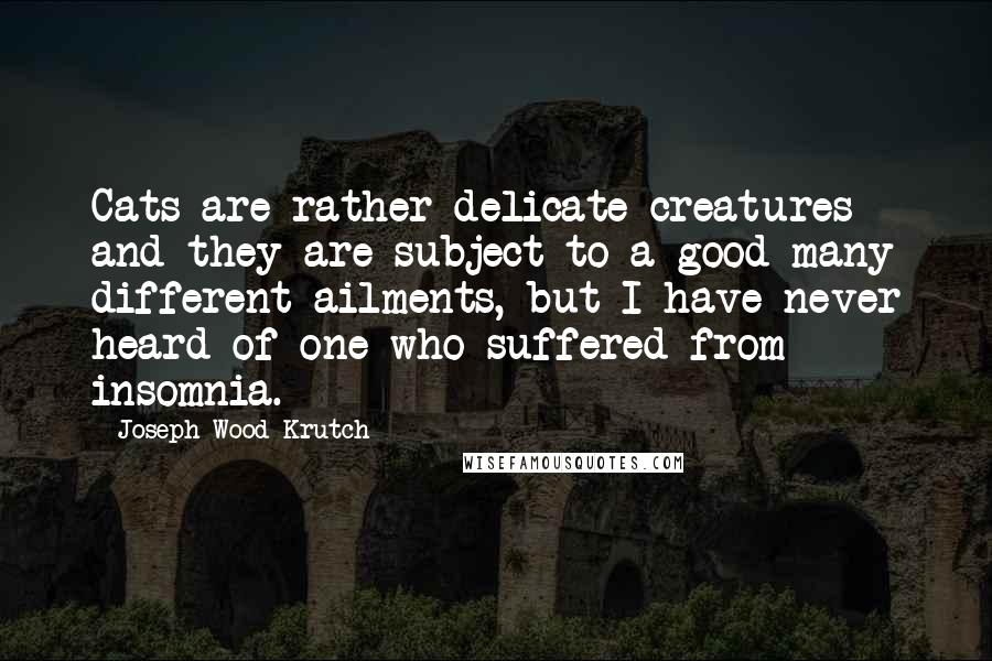 Joseph Wood Krutch Quotes: Cats are rather delicate creatures and they are subject to a good many different ailments, but I have never heard of one who suffered from insomnia.