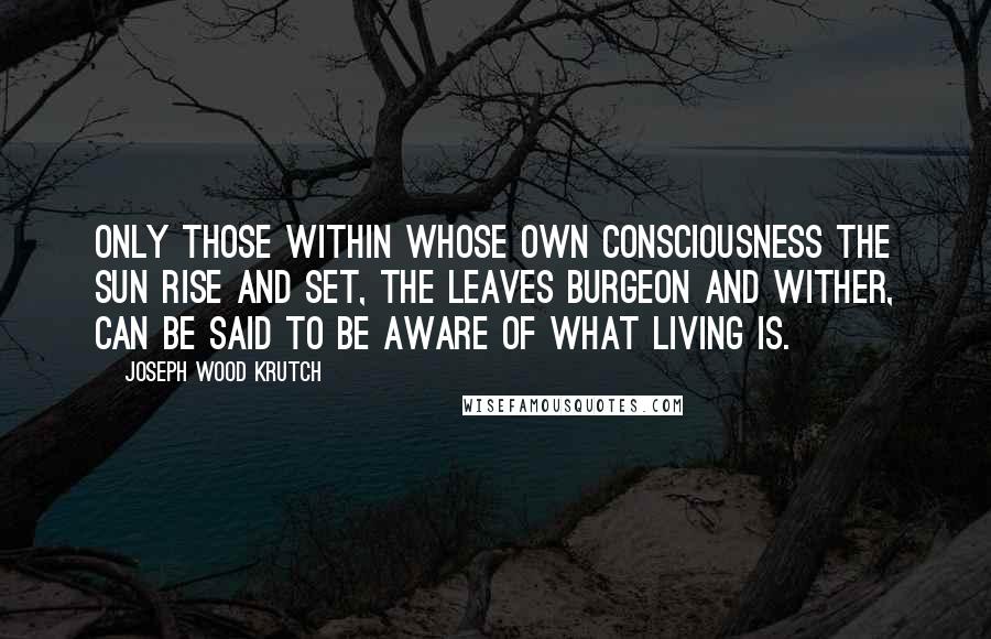 Joseph Wood Krutch Quotes: Only those within whose own consciousness the sun rise and set, the leaves burgeon and wither, can be said to be aware of what living is.