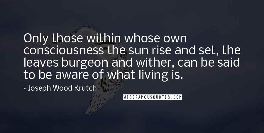 Joseph Wood Krutch Quotes: Only those within whose own consciousness the sun rise and set, the leaves burgeon and wither, can be said to be aware of what living is.