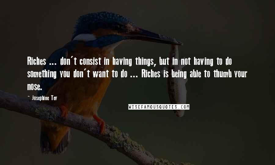 Josephine Tey Quotes: Riches ... don't consist in having things, but in not having to do something you don't want to do ... Riches is being able to thumb your nose.