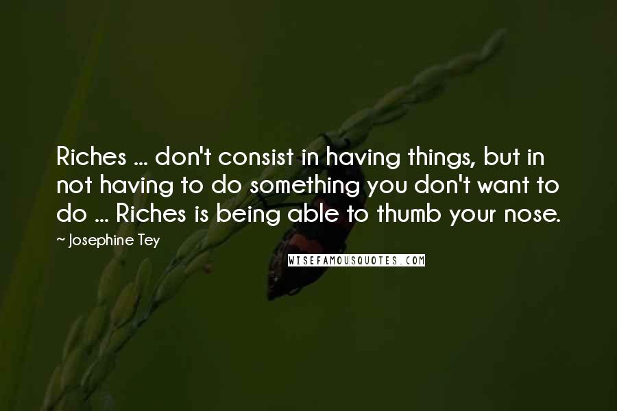 Josephine Tey Quotes: Riches ... don't consist in having things, but in not having to do something you don't want to do ... Riches is being able to thumb your nose.