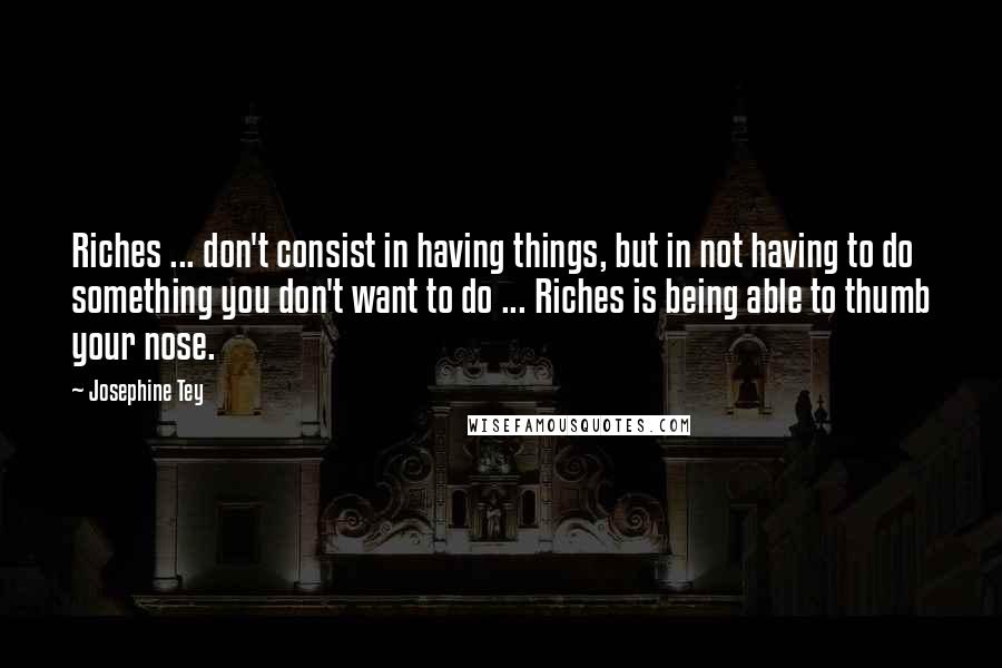 Josephine Tey Quotes: Riches ... don't consist in having things, but in not having to do something you don't want to do ... Riches is being able to thumb your nose.