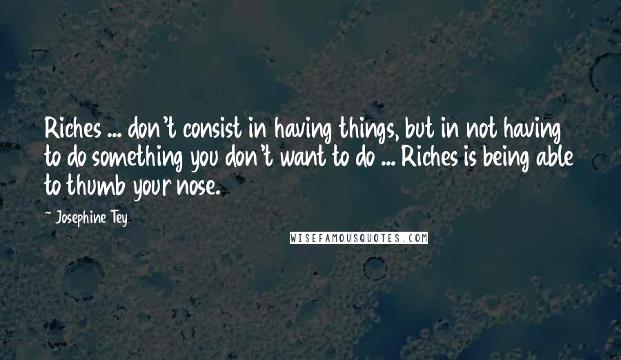 Josephine Tey Quotes: Riches ... don't consist in having things, but in not having to do something you don't want to do ... Riches is being able to thumb your nose.