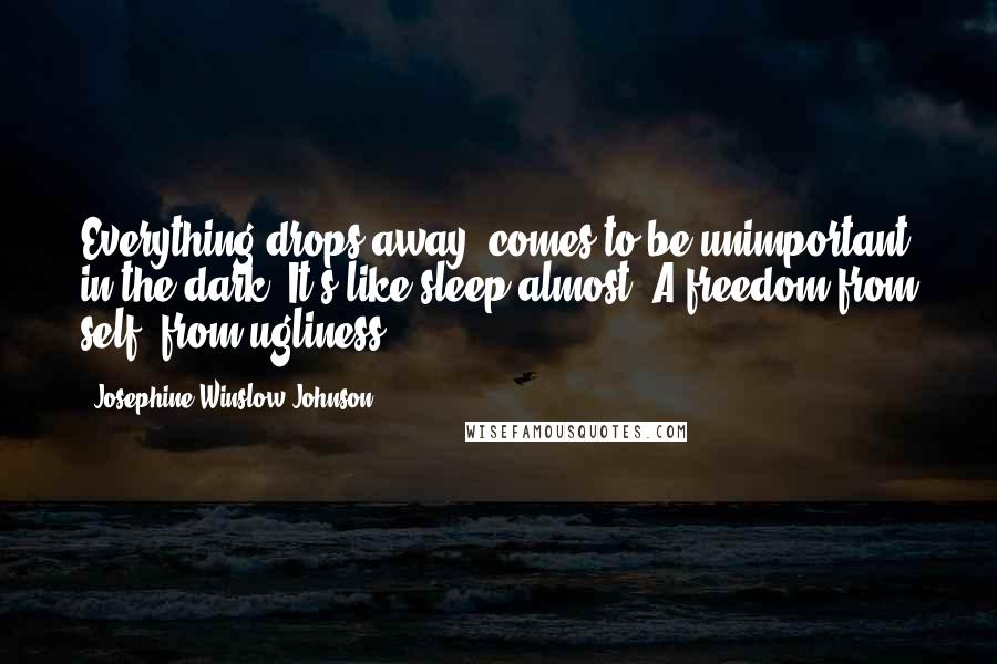 Josephine Winslow Johnson Quotes: Everything drops away, comes to be unimportant in the dark. It's like sleep almost. A freedom from self, from ugliness ...