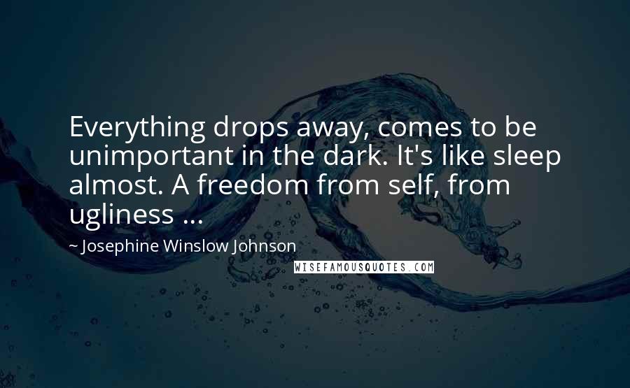 Josephine Winslow Johnson Quotes: Everything drops away, comes to be unimportant in the dark. It's like sleep almost. A freedom from self, from ugliness ...