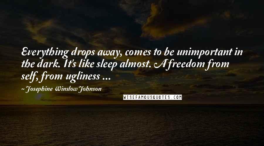 Josephine Winslow Johnson Quotes: Everything drops away, comes to be unimportant in the dark. It's like sleep almost. A freedom from self, from ugliness ...