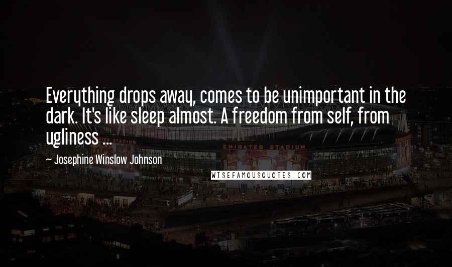 Josephine Winslow Johnson Quotes: Everything drops away, comes to be unimportant in the dark. It's like sleep almost. A freedom from self, from ugliness ...