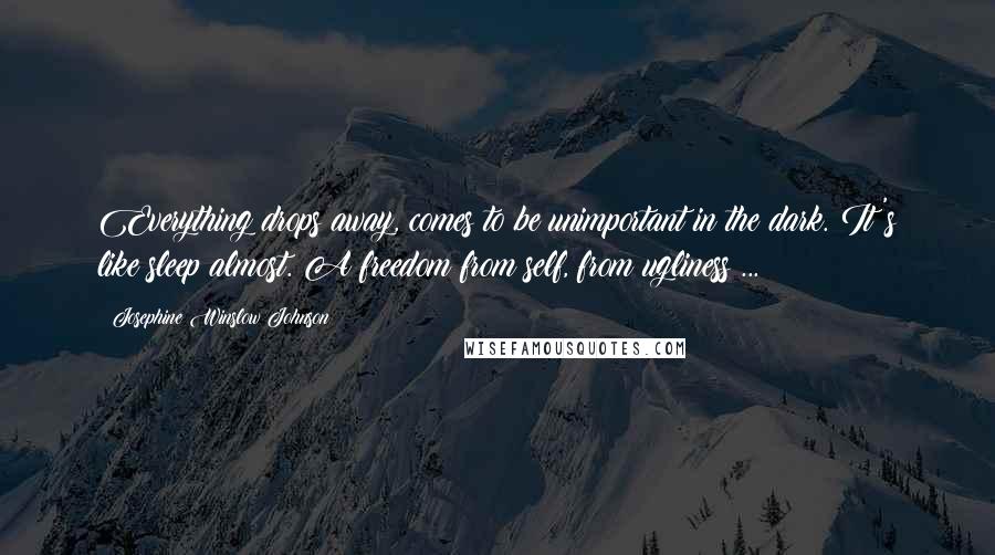 Josephine Winslow Johnson Quotes: Everything drops away, comes to be unimportant in the dark. It's like sleep almost. A freedom from self, from ugliness ...