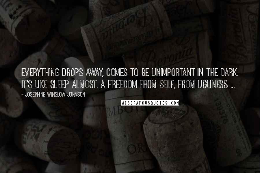 Josephine Winslow Johnson Quotes: Everything drops away, comes to be unimportant in the dark. It's like sleep almost. A freedom from self, from ugliness ...