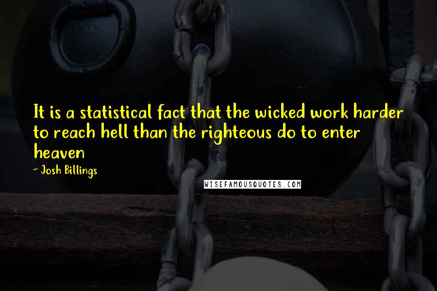 Josh Billings Quotes: It is a statistical fact that the wicked work harder to reach hell than the righteous do to enter heaven