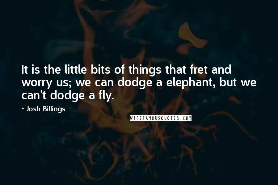 Josh Billings Quotes: It is the little bits of things that fret and worry us; we can dodge a elephant, but we can't dodge a fly.