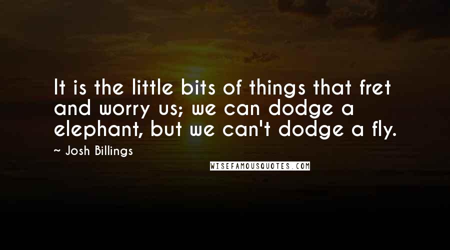 Josh Billings Quotes: It is the little bits of things that fret and worry us; we can dodge a elephant, but we can't dodge a fly.