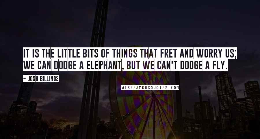 Josh Billings Quotes: It is the little bits of things that fret and worry us; we can dodge a elephant, but we can't dodge a fly.