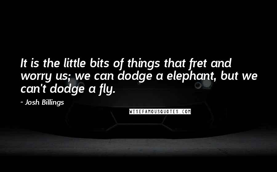 Josh Billings Quotes: It is the little bits of things that fret and worry us; we can dodge a elephant, but we can't dodge a fly.