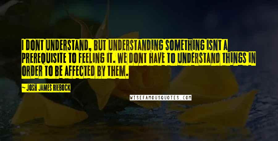 Josh James Riebock Quotes: I dont understand, but understanding something isnt a prerequisite to feeling it. We dont have to understand things in order to be affected by them.