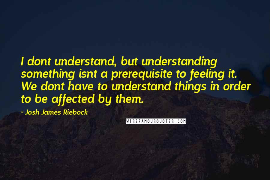 Josh James Riebock Quotes: I dont understand, but understanding something isnt a prerequisite to feeling it. We dont have to understand things in order to be affected by them.