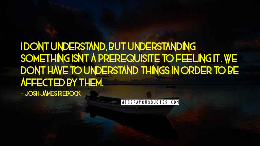 Josh James Riebock Quotes: I dont understand, but understanding something isnt a prerequisite to feeling it. We dont have to understand things in order to be affected by them.