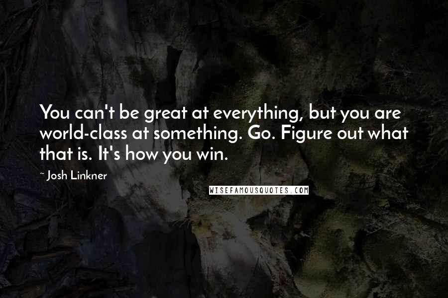 Josh Linkner Quotes: You can't be great at everything, but you are world-class at something. Go. Figure out what that is. It's how you win.