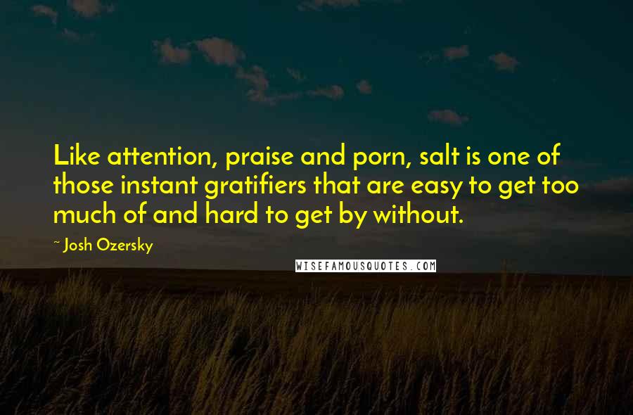 Josh Ozersky Quotes: Like attention, praise and porn, salt is one of those instant gratifiers that are easy to get too much of and hard to get by without.