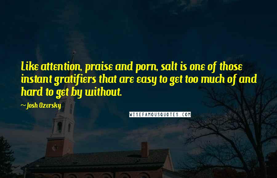 Josh Ozersky Quotes: Like attention, praise and porn, salt is one of those instant gratifiers that are easy to get too much of and hard to get by without.