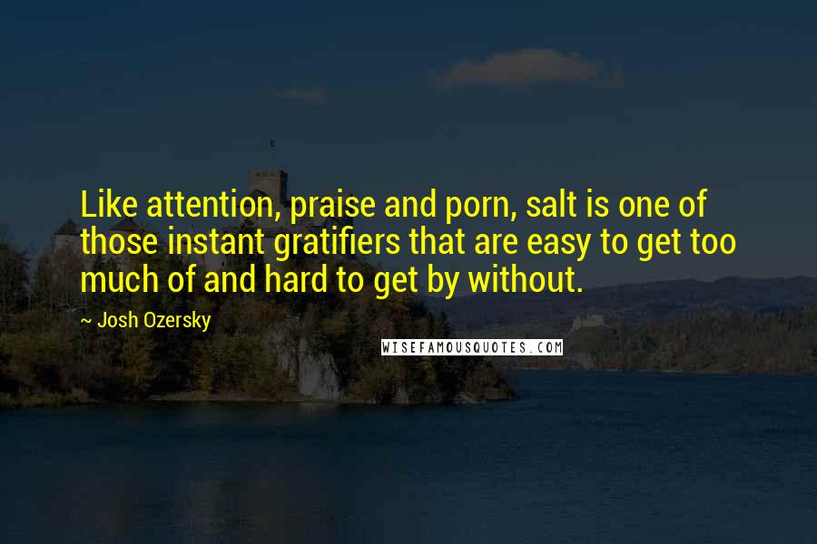 Josh Ozersky Quotes: Like attention, praise and porn, salt is one of those instant gratifiers that are easy to get too much of and hard to get by without.