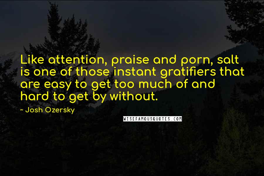 Josh Ozersky Quotes: Like attention, praise and porn, salt is one of those instant gratifiers that are easy to get too much of and hard to get by without.