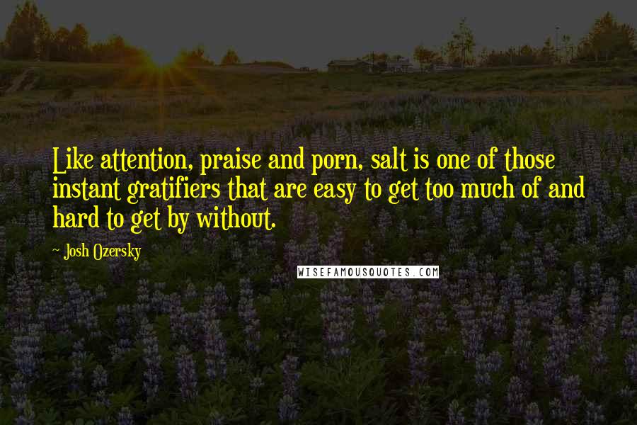 Josh Ozersky Quotes: Like attention, praise and porn, salt is one of those instant gratifiers that are easy to get too much of and hard to get by without.