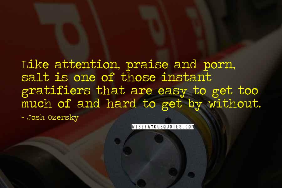 Josh Ozersky Quotes: Like attention, praise and porn, salt is one of those instant gratifiers that are easy to get too much of and hard to get by without.