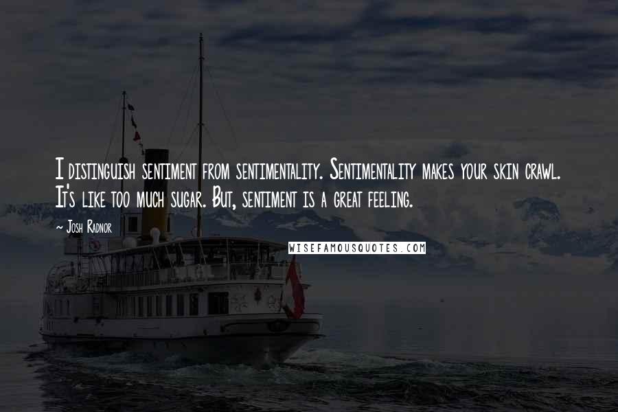 Josh Radnor Quotes: I distinguish sentiment from sentimentality. Sentimentality makes your skin crawl. It's like too much sugar. But, sentiment is a great feeling.