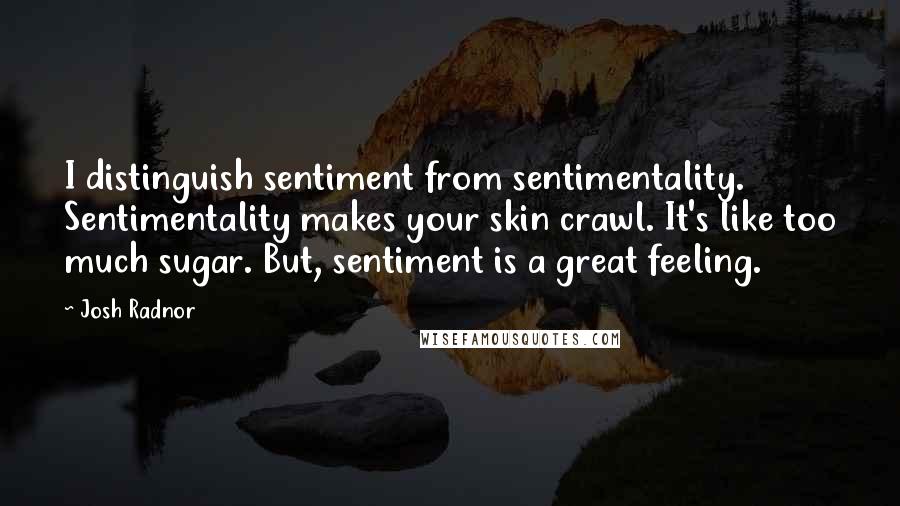 Josh Radnor Quotes: I distinguish sentiment from sentimentality. Sentimentality makes your skin crawl. It's like too much sugar. But, sentiment is a great feeling.