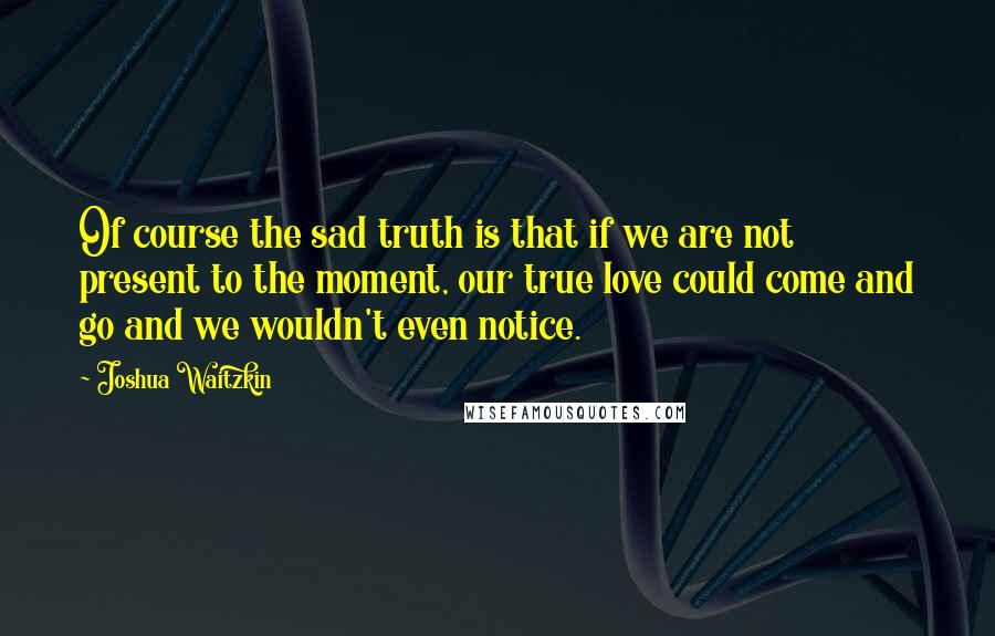 Joshua Waitzkin Quotes: Of course the sad truth is that if we are not present to the moment, our true love could come and go and we wouldn't even notice.