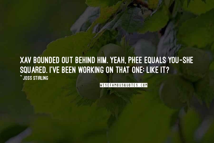 Joss Stirling Quotes: Xav bounded out behind him. Yeah, Phee equals You-She squared. I've been working on that one: like it?