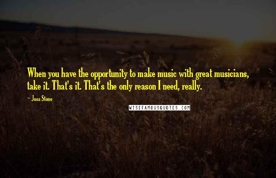 Joss Stone Quotes: When you have the opportunity to make music with great musicians, take it. That's it. That's the only reason I need, really.