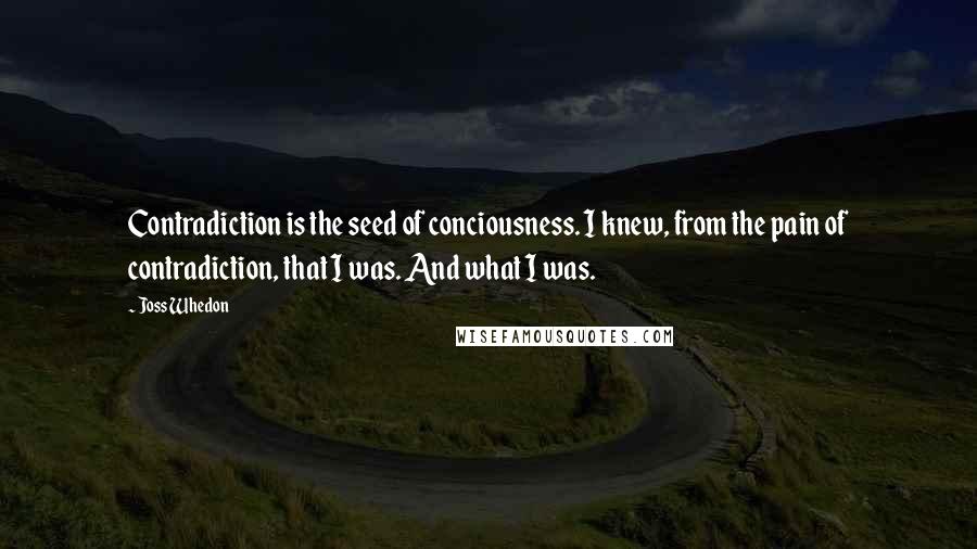 Joss Whedon Quotes: Contradiction is the seed of conciousness. I knew, from the pain of contradiction, that I was. And what I was.