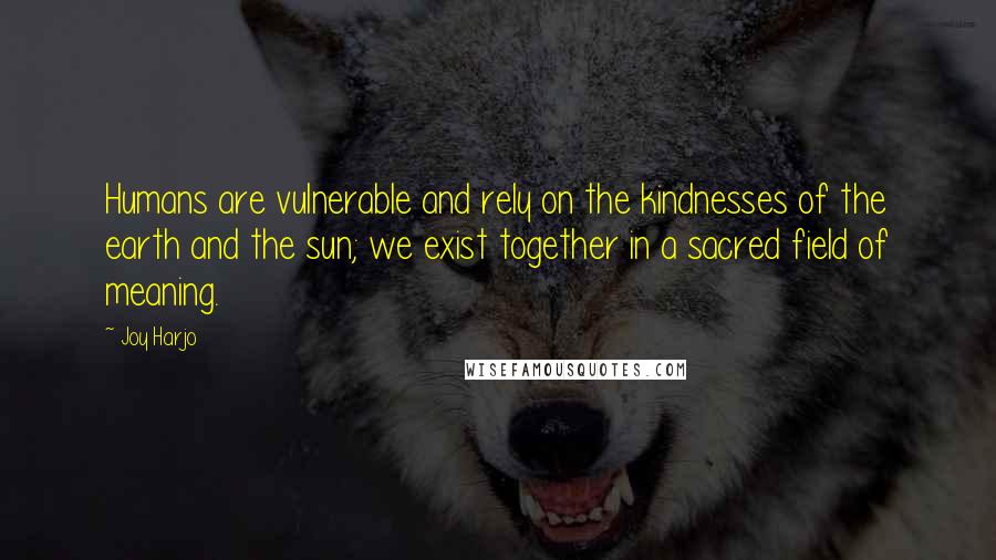 Joy Harjo Quotes: Humans are vulnerable and rely on the kindnesses of the earth and the sun; we exist together in a sacred field of meaning.