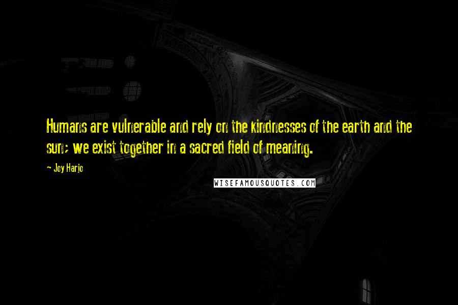 Joy Harjo Quotes: Humans are vulnerable and rely on the kindnesses of the earth and the sun; we exist together in a sacred field of meaning.