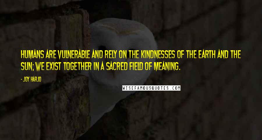 Joy Harjo Quotes: Humans are vulnerable and rely on the kindnesses of the earth and the sun; we exist together in a sacred field of meaning.