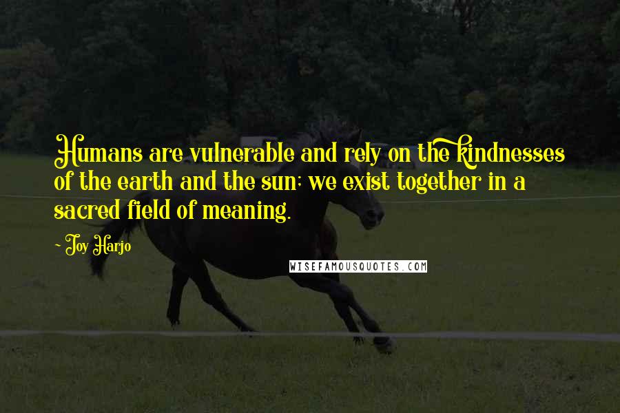 Joy Harjo Quotes: Humans are vulnerable and rely on the kindnesses of the earth and the sun; we exist together in a sacred field of meaning.