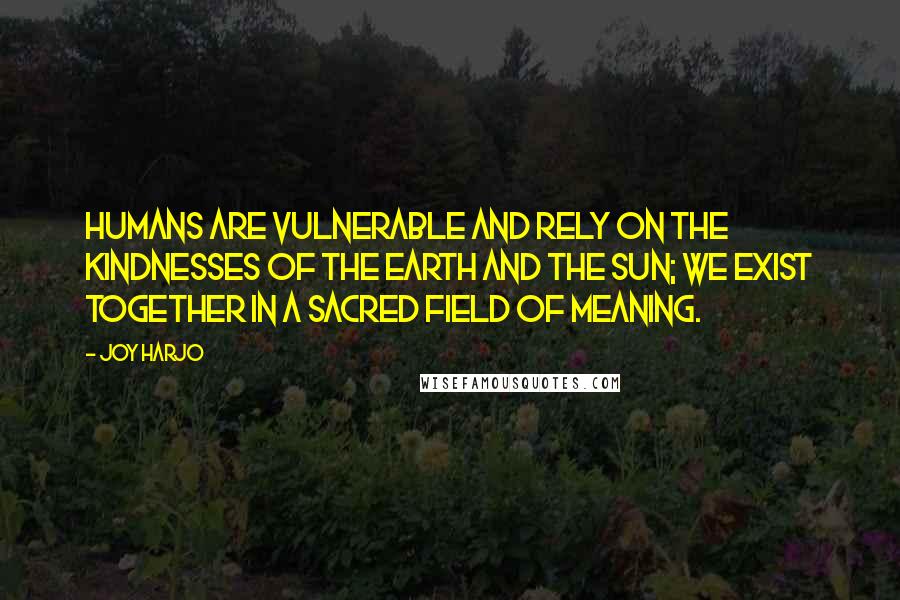 Joy Harjo Quotes: Humans are vulnerable and rely on the kindnesses of the earth and the sun; we exist together in a sacred field of meaning.