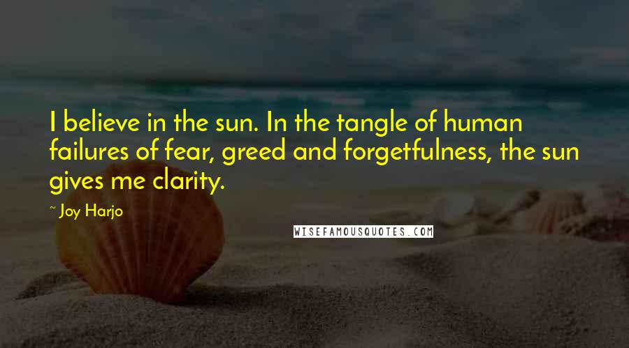 Joy Harjo Quotes: I believe in the sun. In the tangle of human failures of fear, greed and forgetfulness, the sun gives me clarity.