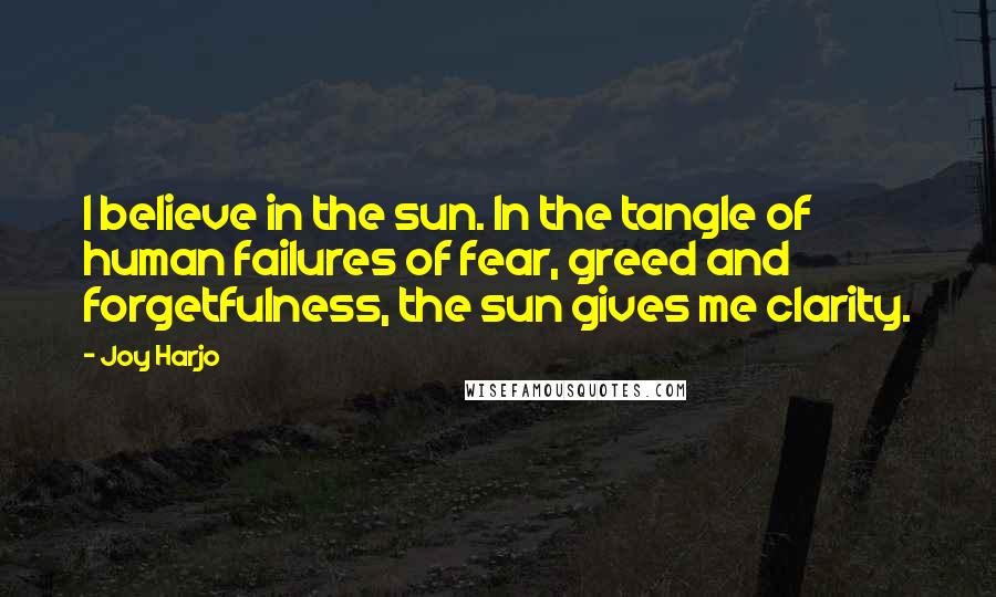 Joy Harjo Quotes: I believe in the sun. In the tangle of human failures of fear, greed and forgetfulness, the sun gives me clarity.