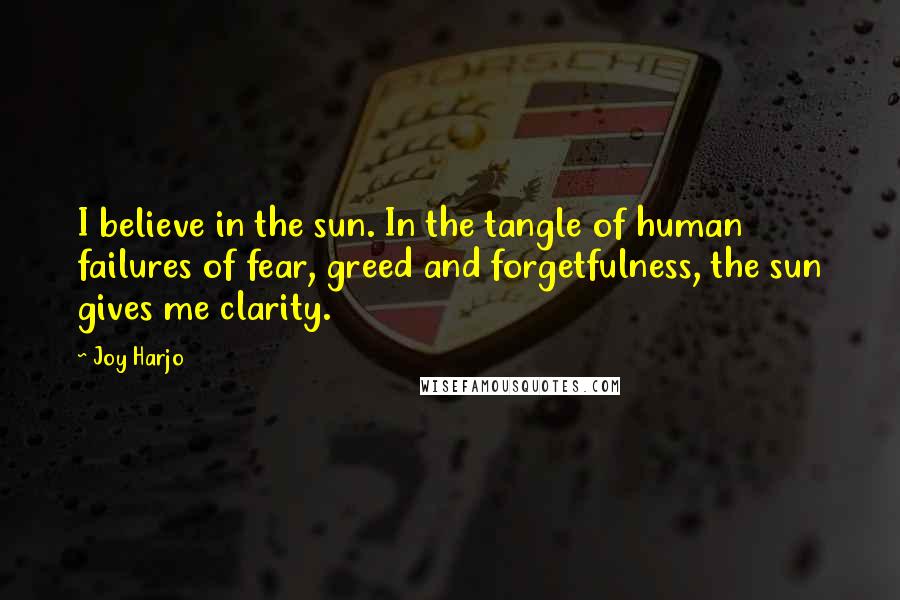 Joy Harjo Quotes: I believe in the sun. In the tangle of human failures of fear, greed and forgetfulness, the sun gives me clarity.