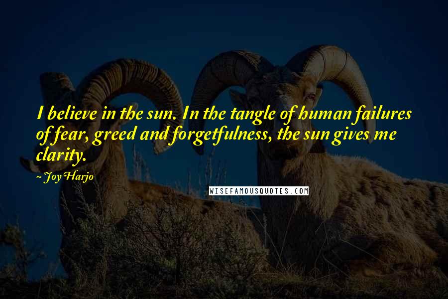 Joy Harjo Quotes: I believe in the sun. In the tangle of human failures of fear, greed and forgetfulness, the sun gives me clarity.