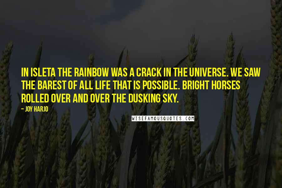 Joy Harjo Quotes: In Isleta the rainbow was a crack in the universe. We saw the barest of all life that is possible. Bright horses rolled over and over the dusking sky.