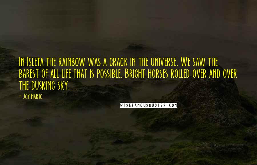 Joy Harjo Quotes: In Isleta the rainbow was a crack in the universe. We saw the barest of all life that is possible. Bright horses rolled over and over the dusking sky.