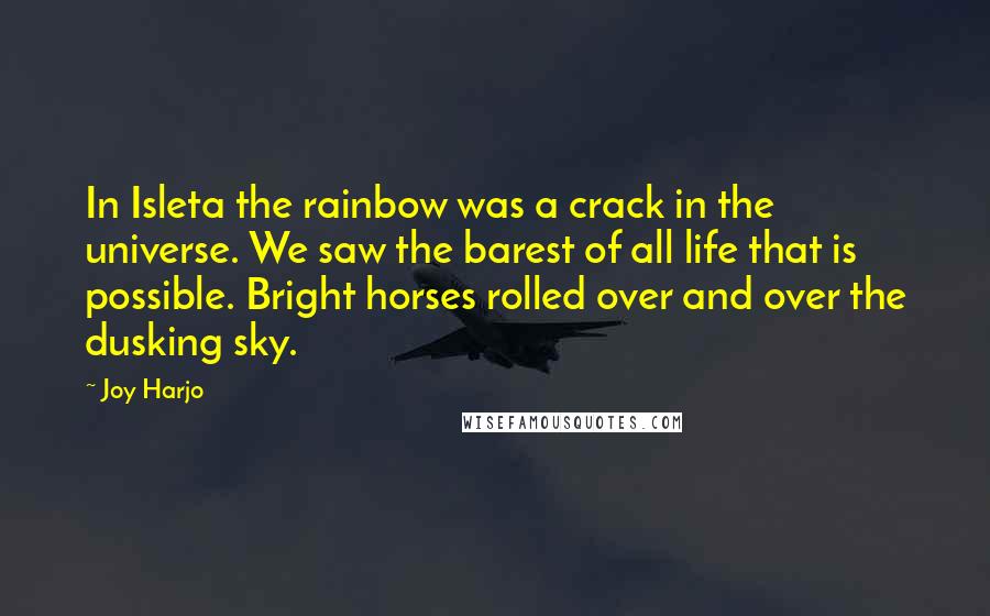 Joy Harjo Quotes: In Isleta the rainbow was a crack in the universe. We saw the barest of all life that is possible. Bright horses rolled over and over the dusking sky.