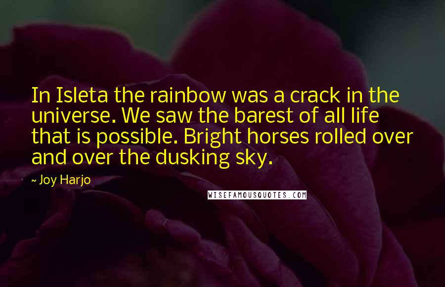 Joy Harjo Quotes: In Isleta the rainbow was a crack in the universe. We saw the barest of all life that is possible. Bright horses rolled over and over the dusking sky.
