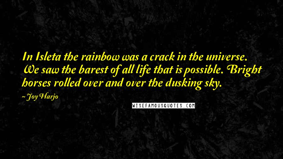 Joy Harjo Quotes: In Isleta the rainbow was a crack in the universe. We saw the barest of all life that is possible. Bright horses rolled over and over the dusking sky.