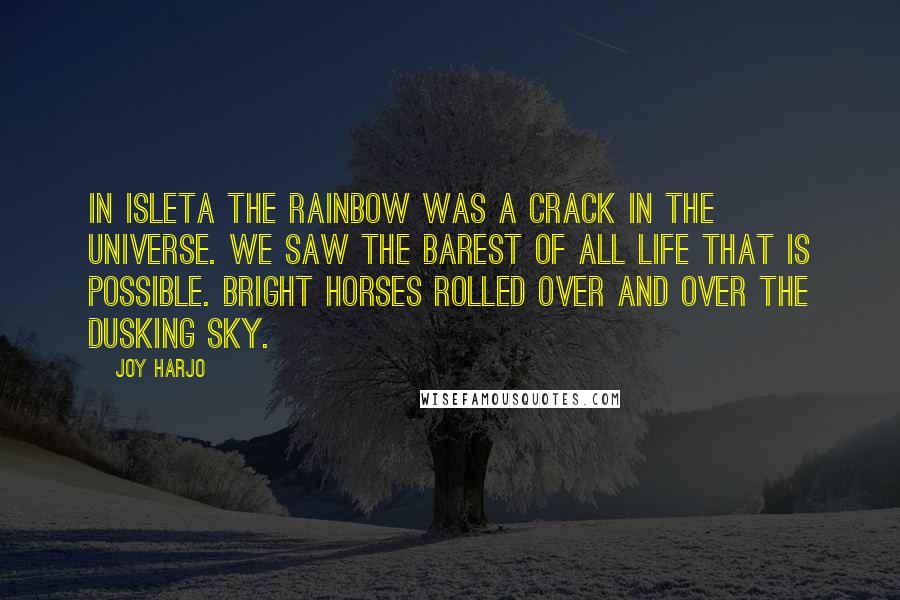 Joy Harjo Quotes: In Isleta the rainbow was a crack in the universe. We saw the barest of all life that is possible. Bright horses rolled over and over the dusking sky.